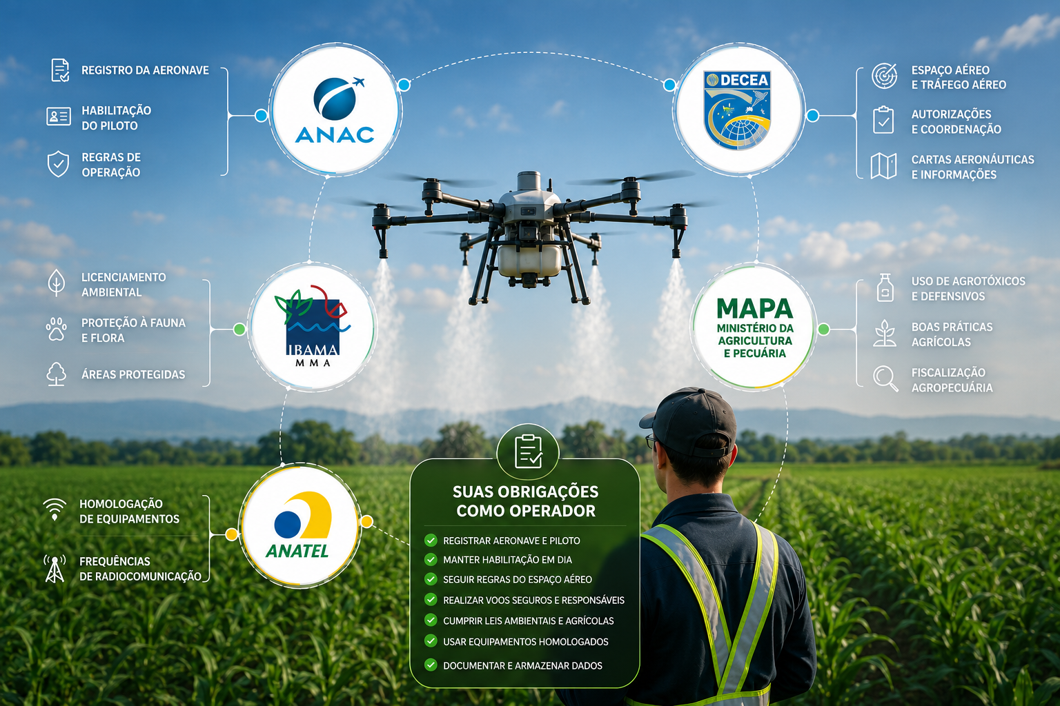 Infográfico dos órgãos reguladores de drone agrícola no Brasil: ANAC, DECEA, MAPA, ANATEL e IBAMA