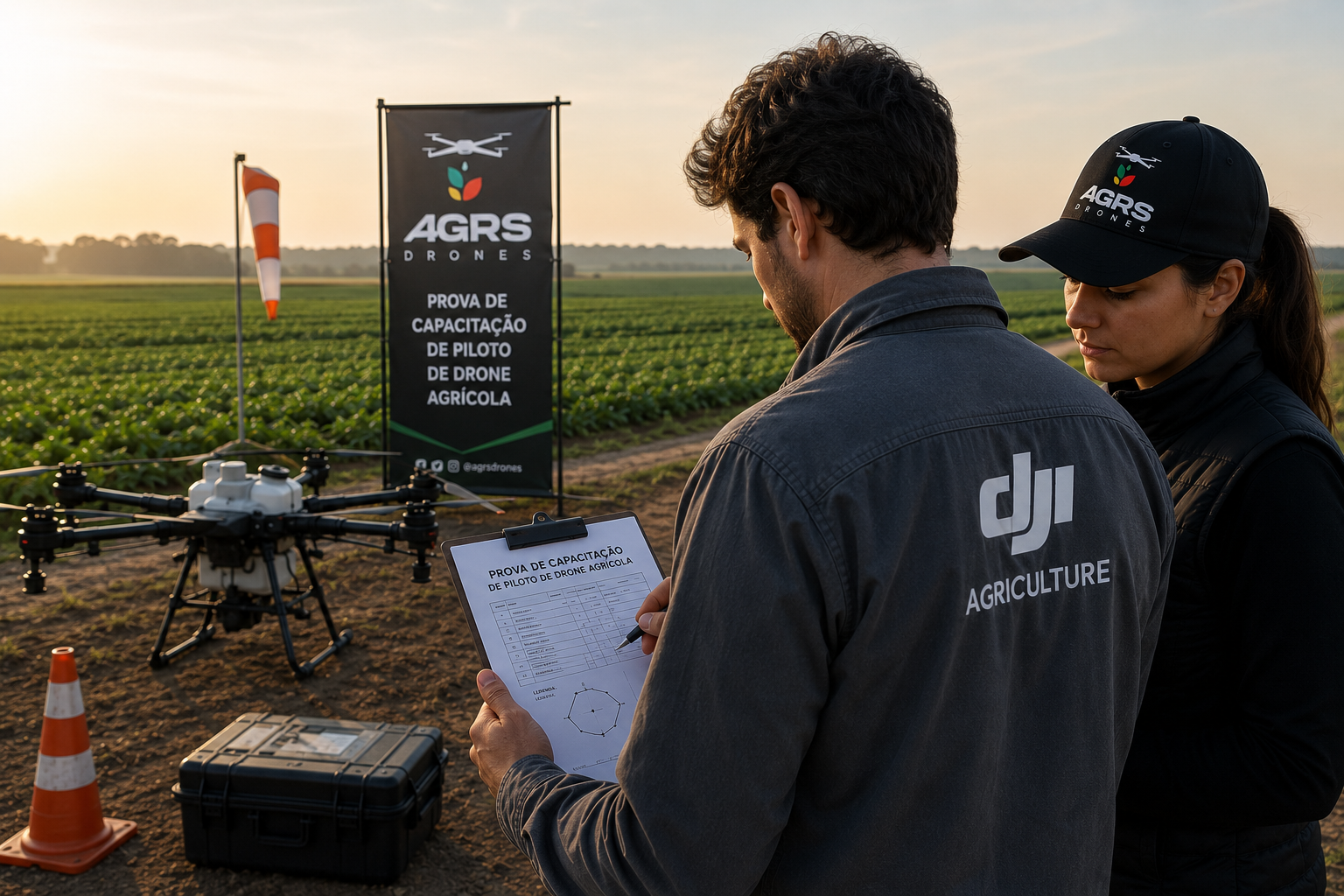 Instrutor orientando piloto na operação do controle de um drone pulverizador DJI Agras à beira da lavoura