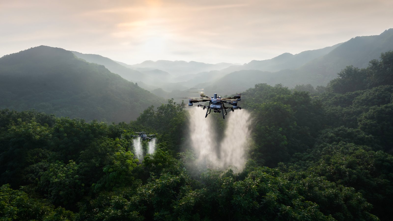 Drones DJI Agras pulverizando lavoura em terreno montanhoso